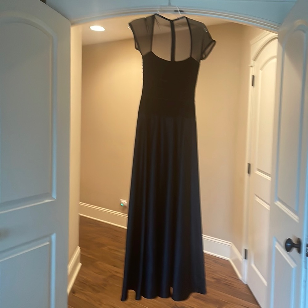 Black long tadashi gown. Very flattering.